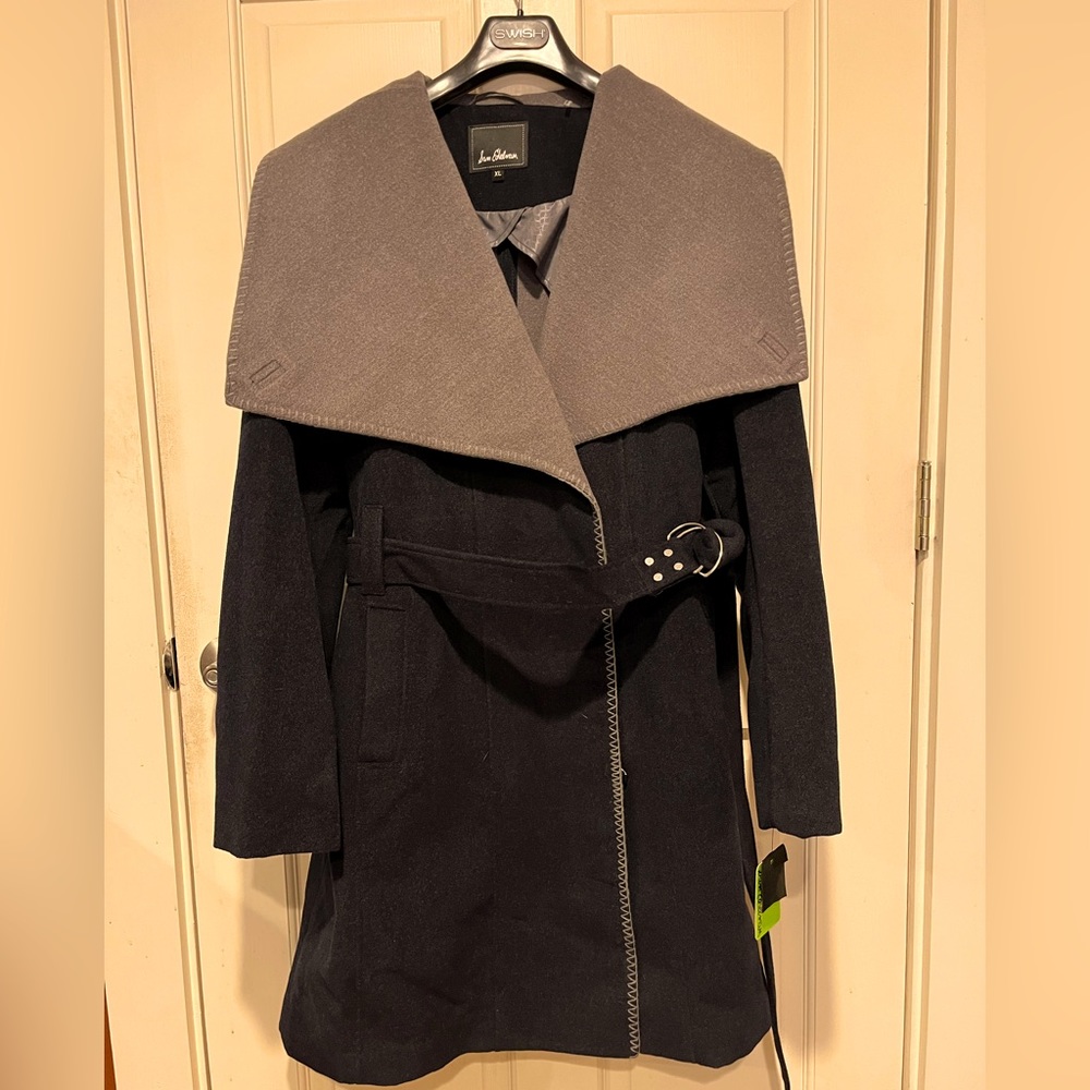 NWT Sam Edelman Women’s XL Shawl Collar Belted Coat Jacket Navy/Gray